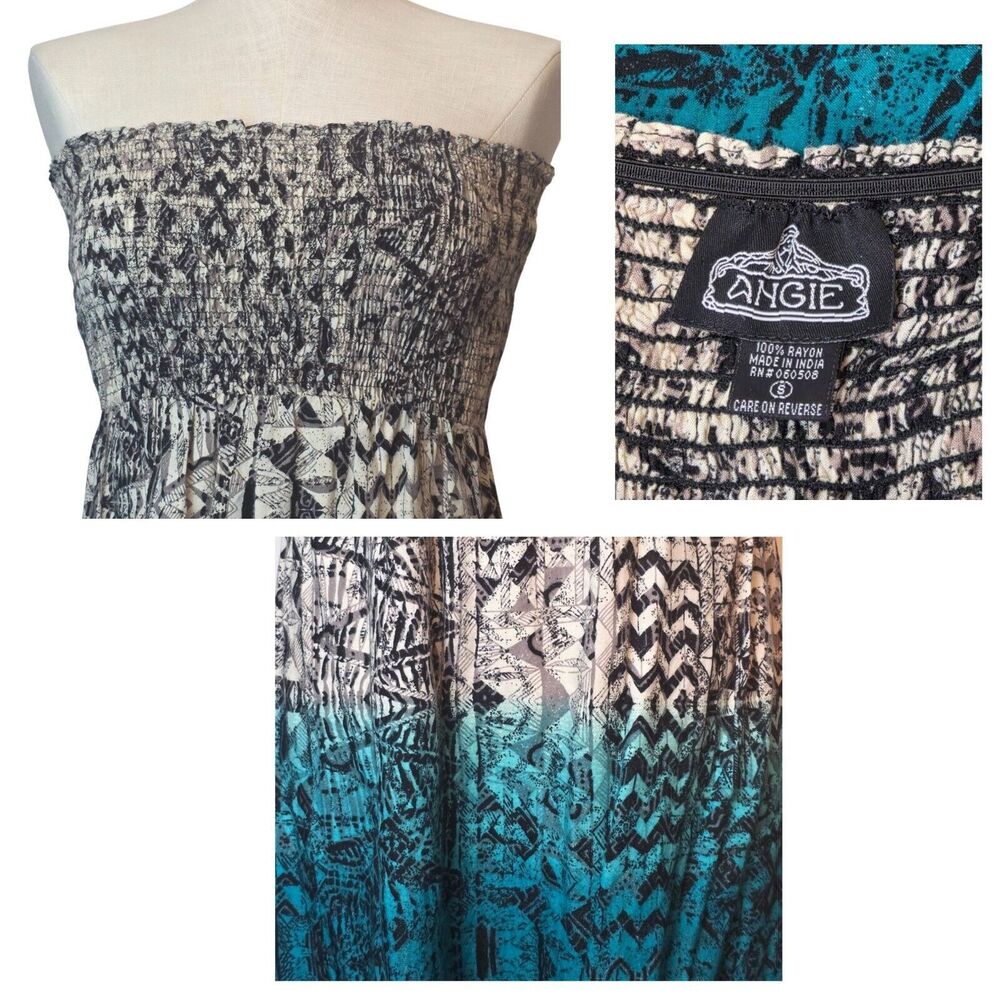 ANGIE Turquoise Ombre Smocked High Low Sun Dress Size Small Boho Festival Beachy - Picture 2 of 3